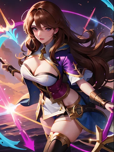 Ashe fusion miss fortune legends league. brown-hair .apuntando con arco y flechas. tetas grandes.