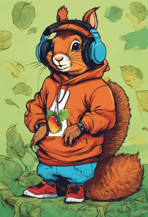 squirrel with Apple headphones and a Balenciaga sweatshirt