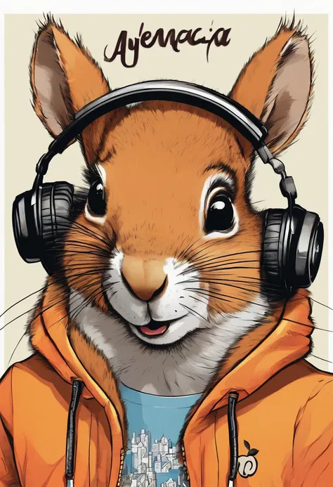 squirrel with Apple headphones and a Balenciaga sweatshirt