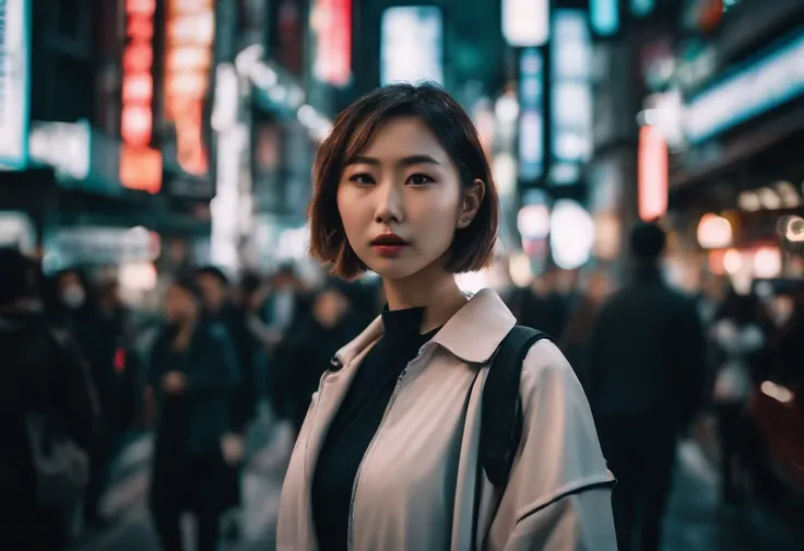 a young cyber fashion girl is standing on the shibuya load in japan, hyper real, photo real, high contrast, 8k, high resorution