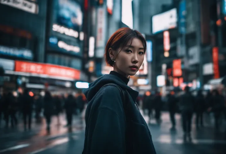 a young cyber fashion girl is standing on the shibuya load in japan, hyper real, photo real, high contrast, 8k, high resorution