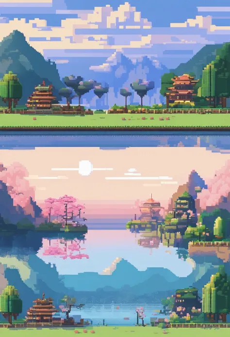 Pixel art tourist destination landscape, evening, 3d pixel art 4k wallpaper, incredible pixel art details, pixel art, steam waves, detailed unreal engine pixel art, Japanese, cherry blossom.