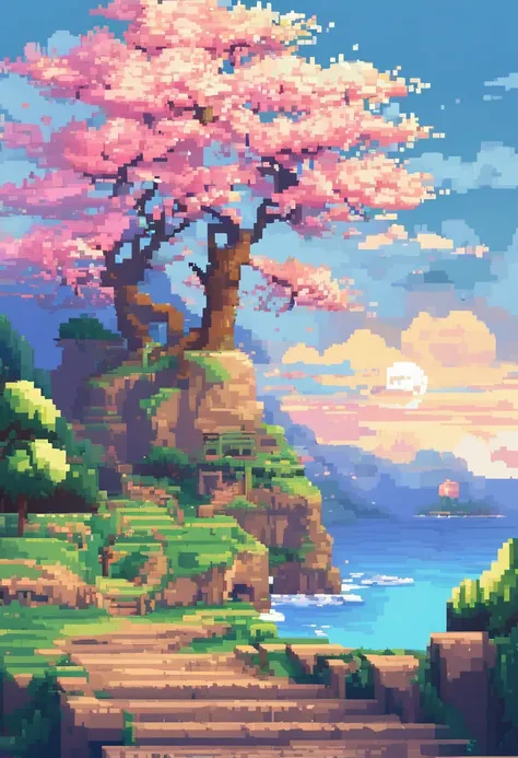 Pixel art tourist destination landscape, evening, 3d pixel art 4k wallpaper, incredible pixel art details, pixel art, steam waves, detailed unreal engine pixel art, Japanese, cherry blossom.