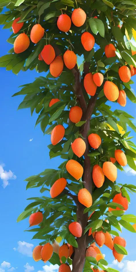 A realistic image of a tree with tutti frutti fruits growing on its branches. The fruits are strawberry, laranja, baunilha, banana e abacaxi. The tree has green leaves and a brown trunk. The background is a blue sky with some clouds.