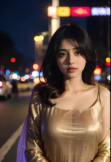 (((desi girl))), chubby face, natural skin, wearing hot deep neck top and dupatta, charming black hair, ((hair ends are blonde)), city streets background, bokeh