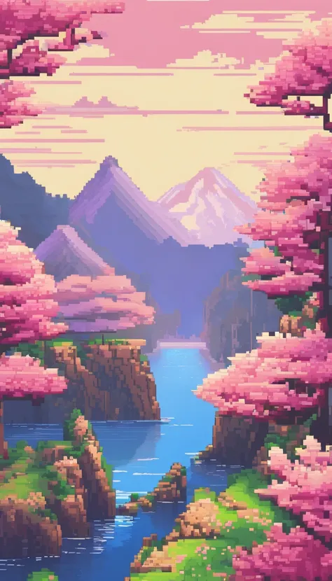 Landscape Art Attractions Pixel Art, evening, 3D Pixel Art 4K Wallpaper, Amazing pixel art detail, pixel art, Steam wave, The pixel art engine is not really detailed., japan, cherry blossoms.