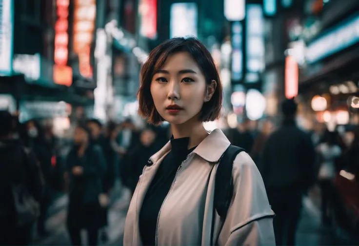 a young cyber fashion girl is standing on the shibuya load in japan, hyper real, photo real, high contrast, 8k, high resorution