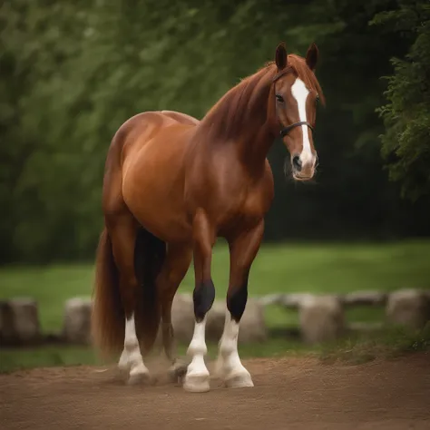 chestnut horse with white bles and four white legs