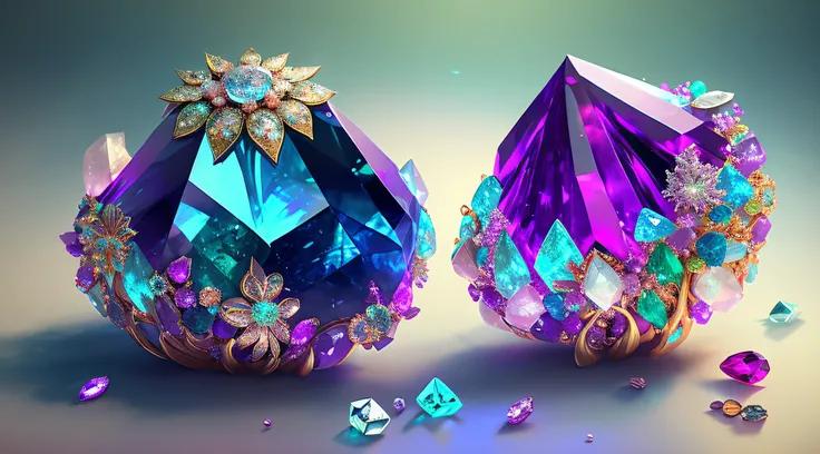 Lots of gems scattered on the floor,  Luxurious decoration, bio luminescent, Elegant, painting-like, Ultra-detailed, Delicate; with an intricate, Surreal concept art, Aesthetic, Smooth, sharp, Professional, masterpiece, custom, Best Quality, color correcte...