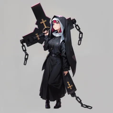 （Woman with a big cyberpunk cross）、Full body depiction、（No background）、Standing alone、（（Young nun））、Inner Color Hair、（Veteran Hero）、The ultra -The high-definition、Sisters Costume、、Black eyes、Golden Cross、