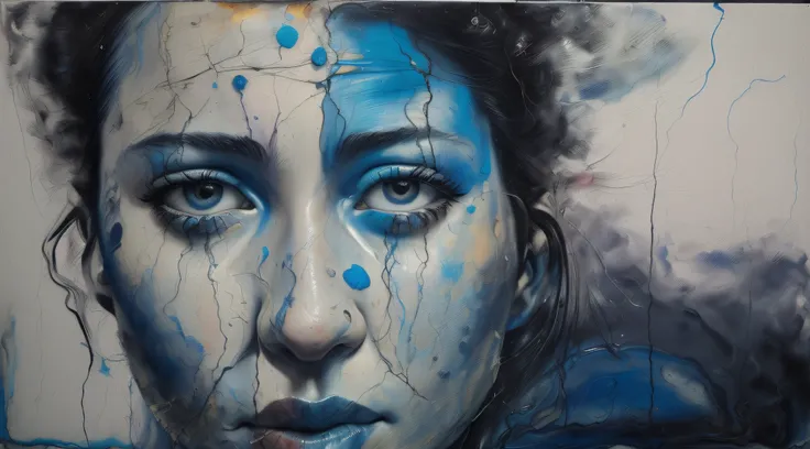 pintura de uma mulher com olhos azuis e uma faixa azul na testa, ( ( ( Jenny Saville ) ) ), retrato pintado centrado no lado, por artista, retrato pintado centralizado, arte deslumbrante, Ryan Hewett, Directed by: Sam Spratt, Directed by: Paul Davis, atord...