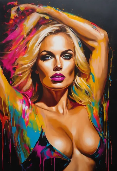 Acrylic paint pouring abstract painting, hyperrealistic portrait of a beautiful glamour blond woman with large breasts blends out of the acrylic paint, her arms and legs are spread as to make an x with her body, in the style of Andy Warhol, reflective, int...