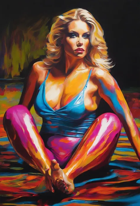 Acrylic paint pouring abstract painting, hyperrealistic portrait of a beautiful glamour blond woman with large breasts blends out of the acrylic paint, her arms and legs are spread as to make an x with her body, in the style of Andy Warhol, reflective, int...