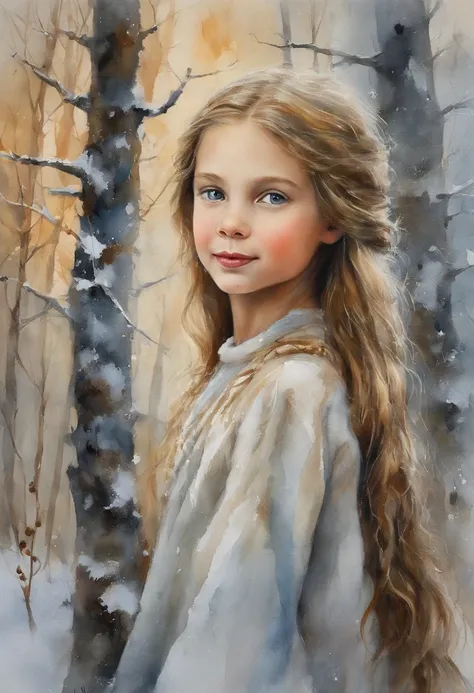 portrait, High quality, Ukrainian little girl fairy winter snow in the forest through the trees About 10 years old, blaue Augen, Glatte Haut, ((best quality, 8K, Meisterwerk :1.3)), 1girls, pretty girl , casual outfit :1.2, im Wald, Ultra-detailliertes Zif...