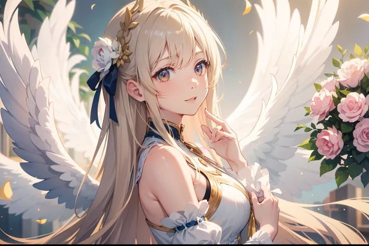 Official Art, Masterpiece European female, angel, white wings, pale brown hair , brown eyes, (​masterpiece、top-quality、hight resolution: 1.4),in 8K, Anime Art Nouveau, highly detailed exquisite fanart, anime fantasy illustration, clean detailed anime art, ...