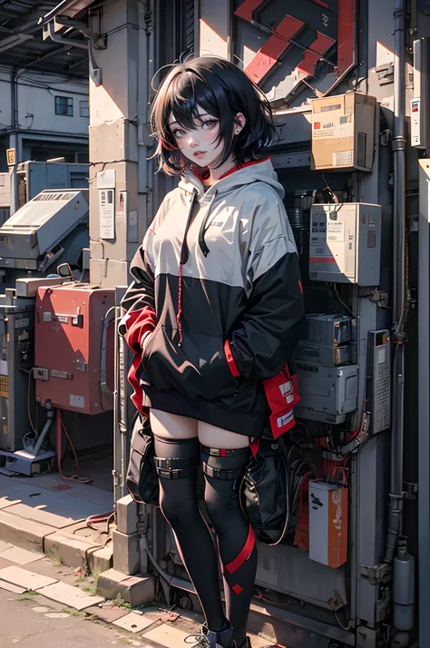 Anime girl with short black hair dyed red, Black eyes and cold features, She wears a black hoodie