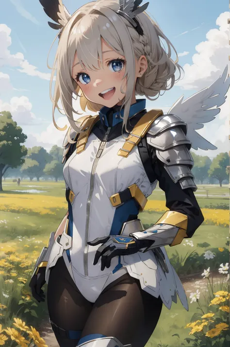 (​master piece, Best Quality),  Intricate details, valkyrie, kawaii, Happy smile, (((Laugh))), Hand up, Looking at Viewer, Feather Headgear,  flower meadow, 
1 girl in, Solo, Portrait, Tentacle plutinum blonde hair, single braid, single thighhigh, Independ...