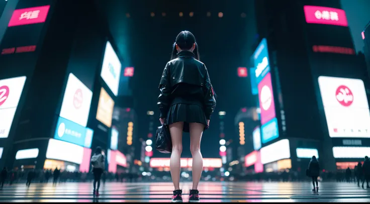 a young cyber fashion girl is standing on The real Shibuya crossing in japan, back view of whole body, super zoom out shot, cyber cute fashion like a animation,  wide shot, hyper real, photo real, high contrast, 8k, high resorution