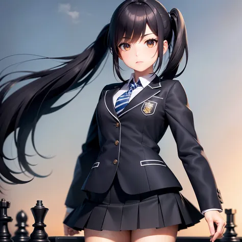 1 girl, Brown eyes, dark blue hair, very long hair, side ponytail, school uniform, black jacket, blue tie, striped tie, blue skirt, collared shirt, long sleeves, school emblem, pleated skirt, ((chess skirt)), Expressionless, blushing, game cg, ((masterpiec...