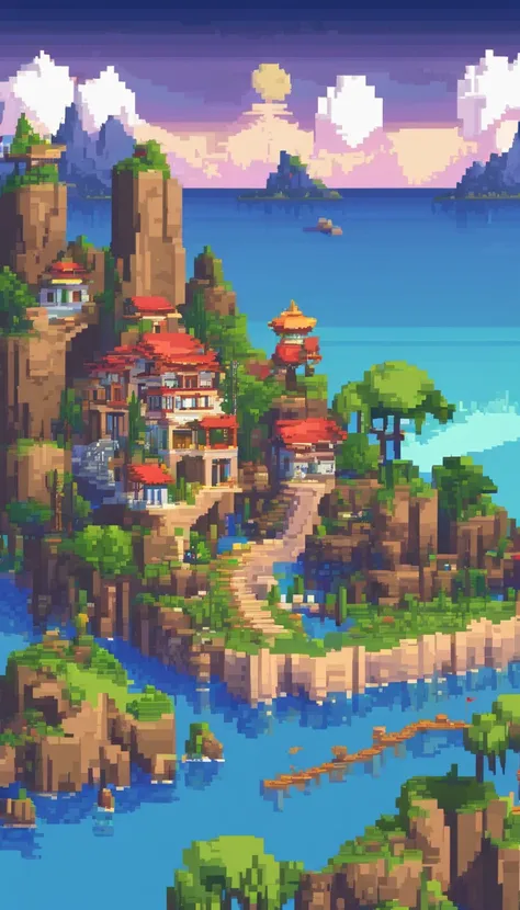 Pixel art tourist destination landscape, 3d pixel art 4k wallpaper, incredible pixel art details, pixel art, detailed unreal engine pixel art, full moon sky, midnight.