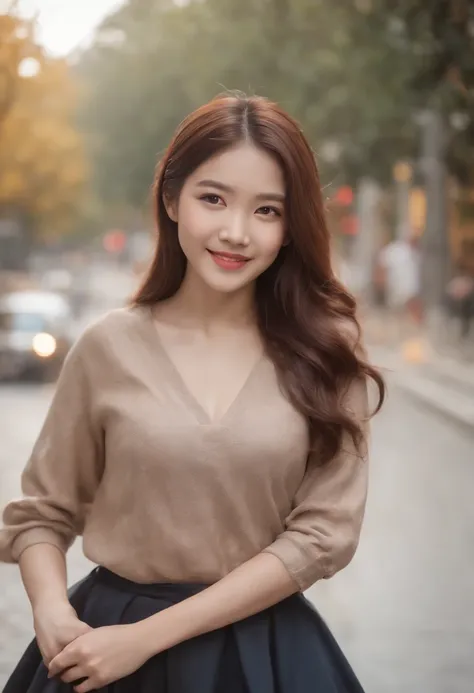 masterpiece, a smiling girl with holding one hand and bow her body, swirling long hair, in street, autumn feel, wearing a shirt and a skirt and slippers, one hand holding anothers hand behind, light shine from aside, a cinematic condition, japanese girl, f...