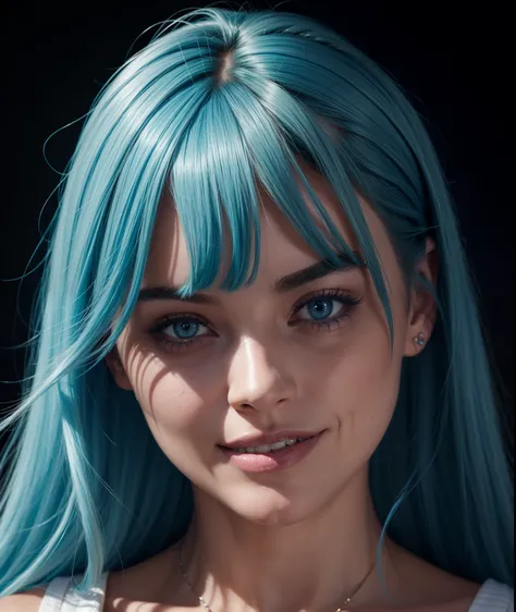 a close up of a beautiful woman with blue hair and a white shirt, pretty girl with blue hair, beautiful blue haired girl, photorealistic, smiling