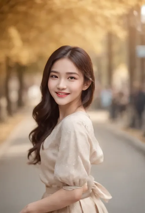 masterpiece, a smiling girl with holding one hand and bow her body, swirling long hair, in street, autumn feel, wearing a shirt and a skirt and slippers, one hand holding anothers hand behind, light shine from aside, a cinematic condition, japanese girl, f...