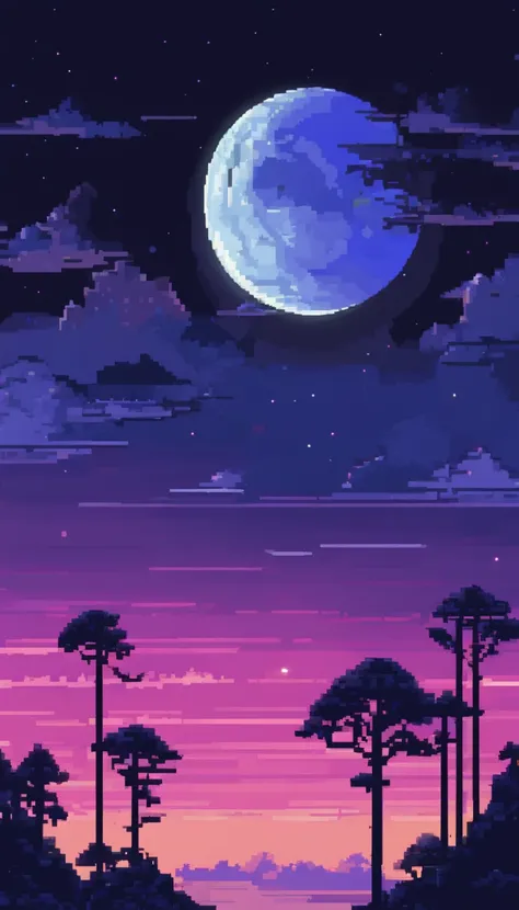 Pixel art midnight landscape, 3d pixel art 4k wallpaper, incredible pixel art details, pixel art, detailed unreal engine pixel art, full moon sky, midnight.