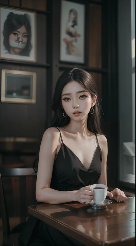 An Alafi woman in a black dress sits at a table drinking a cup of coffee, Gorgeous young Korean woman, beautiful Korean women, photo of slim girl model, photo of slim girl, Korean woman, full-body xianxia, Korean girl, Beautiful young Korean woman, Sexy dr...