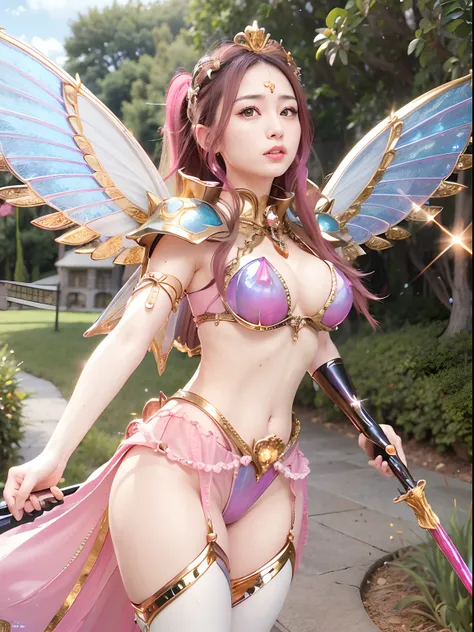 (A smile), Professional , masterpiece、top-quality、photos realistic , depth of fields (Gemstone White Metal Body:1.9),(Matte White Pink、Jewel Gold Weapon、(Gorgeous castle background)、(ultimate beauty girl)、(Rainbow fairy wings grow)、Particles of light、(Met...