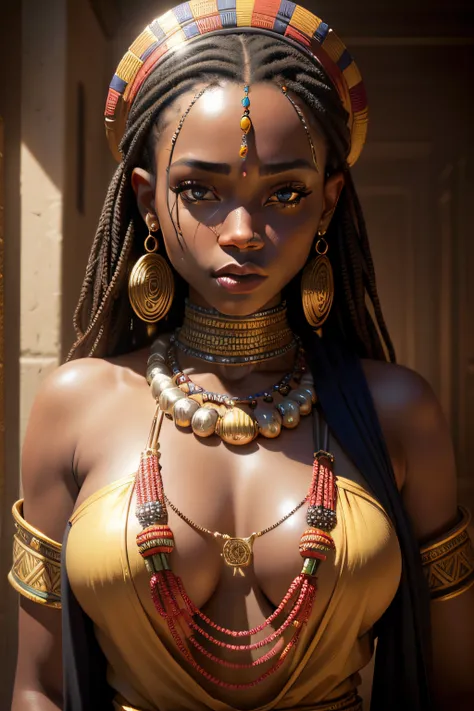 photorealistic,realistic, solo, portratit, best quality, ultra high res, African woman, wearing african beads necklace, wearing an african dress, dystopian future, beautiful, masterpiece, best quality, extremely detailed face, perfect lighting, best qualit...