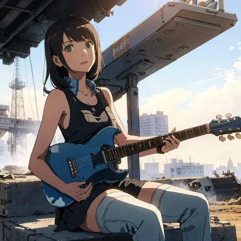 Ruined city Girl sitting on a tank with multiple craters playing guitar Wearing a blue combat uniform Half a leftover bread