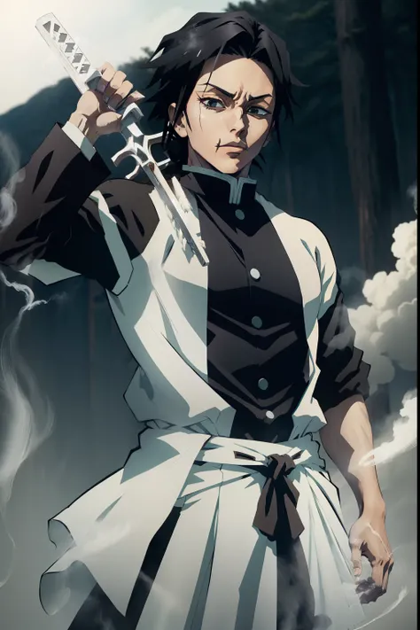 jovem, homem branco, Penteado Toji, Uniform demon slayer, nevoeiro, Bleach poses, Mist around, Espada Azul, black hair