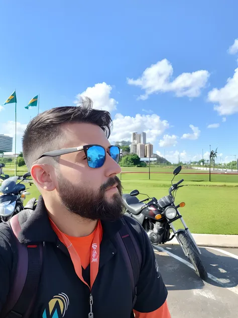 Theres a man with a beard and sunglasses standing in front of a row of motorcycles, 🚿🗝📝, In Sao Paulo, david rios ferreira, em frente a uma cidade arruinada, touring, icaro carvalho, Ruins in the background, com um parque ao fundo, com uma cidade em segund...