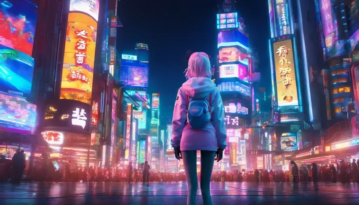 a young girl that wear white cyber fashion is standing on The real Shibuya crossing in japan, back view of whole body, Subject is in the center on the load, super zoom out shot, cyber cute fashion like a animation, chromatic aberration, wide angle shot, wi...