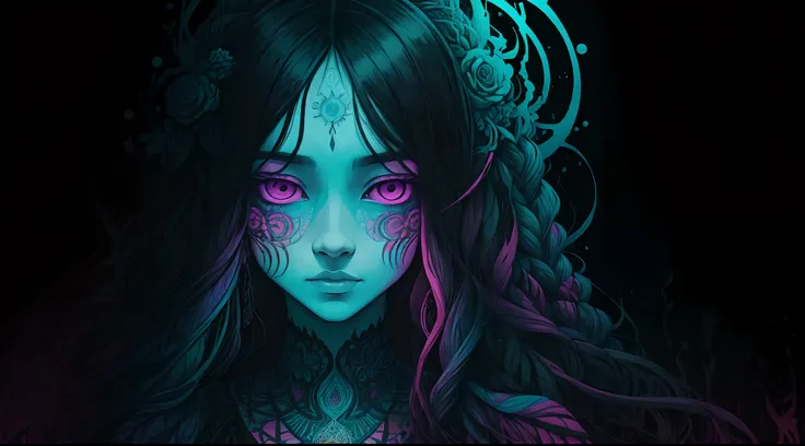 low saturated bright paste pastel coloring illustration, Imagine the background to be in an overall mandala shape a grotesque tableau of discordant chaos, a surreal fusion of jagged lines, blistering colors, and eerie textures. A young woman with biolumine...