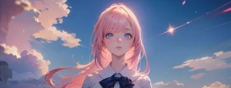 Bloom light, 1girl, Wearing school clothes, looking at viewer, Masterpiece, (anime style), glowing, hyper-realistic, ultra resolution, realism, 8k, sky