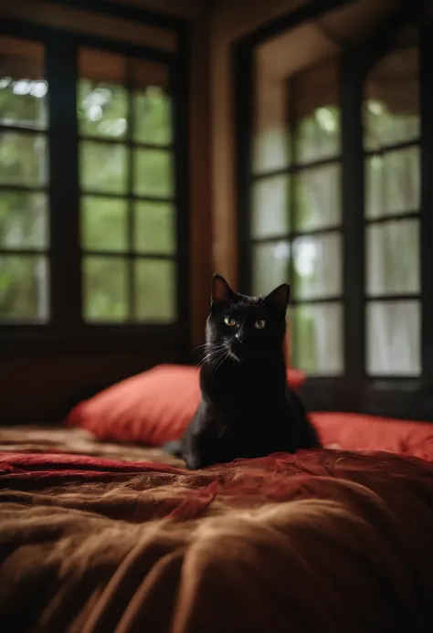 Gato cinza rajado, uma gata preta doente na cama, casa de floresta, quarto de floresta, vestido de noiva pendurado