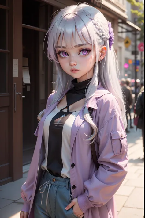 one girl，pink eyes,silver hair,Purple clothes