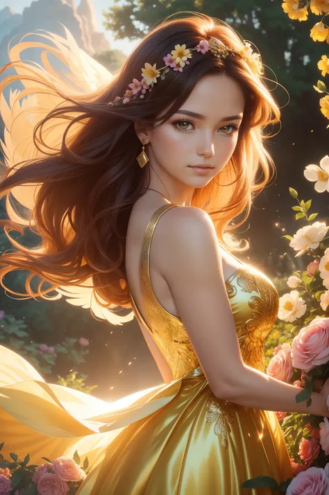 a beautiful phoenix goddess rising up, close up, surrounded by flowers, in a floral garden, long wind blown hair, golden shiny beautiful dress, soft face, full lips, soft light, sunlight background, garden background, magical scenery, best quality