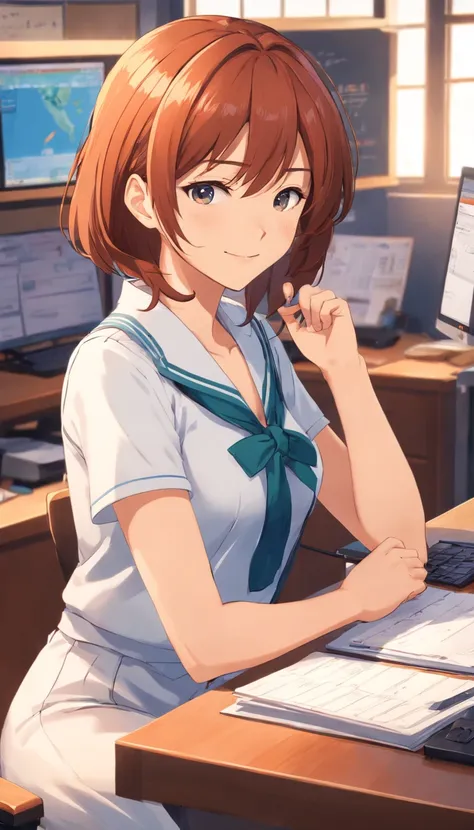 Misaka Mikoto, full body Esbian, Smile, Anime, Anime style, nffsw, Super Detail, high details, Best Quality, 8K, Mastepis, desk work,uniform, Office Background ,computer on the desk, Looking at the PC, Styleous in Tokyo