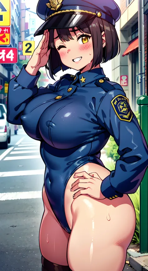 (Perfect body),Best Quality,(8K Portrait),(Official art)、(Police Hat)、embarrassed from、(a smile)、One eye is closed、showing teeth、(((blush))),(Sweat),((((large udder))))、((Big ass))、(Dark hair),((bob cuts)), blush,Short hair, (Yellow eyes),(((thick thighs))...