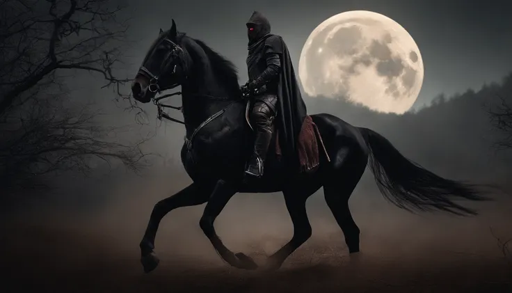 Undead Terror Knight，Riding black（Red-eyed zombie horse：1.5），The background is pitch black wilderness，There were several dried corpses hanging from a dead tree，(themoon),horror atmosphere，4K，best qualtiy，primitive，（(Ultra-detailed and high-precision detail...