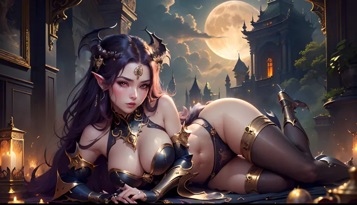 ((Need)), ((tmasterpiece)), (A detailed), Enchanting succubus, Sexy beauty, Perched in clouds, (fantasy illustrations:1.3), Seductive gaze, Charming seductive pose, tight top, wearing golden armour，otherworldly charm, Mysterious Sky, Strange fire clouds，th...