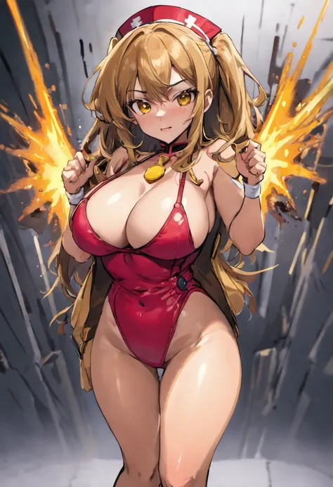 Anime style, a slim and trim Latina woman (CC-size breasts, slim waist, thick thighs), she has medium-length hair and honey-colored eyes, she is a nurse wearing sexy scrubs, flirty personality,