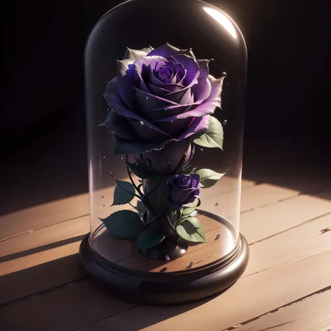 a giant Black and purple glass rose, with its details subtly incorporated into the glossy glass rose, sharp focus, double exposure, (translucent glass figure of a rose)  lifeless, earthy colors, intricate design, hyper realistic, high definition, extremely...