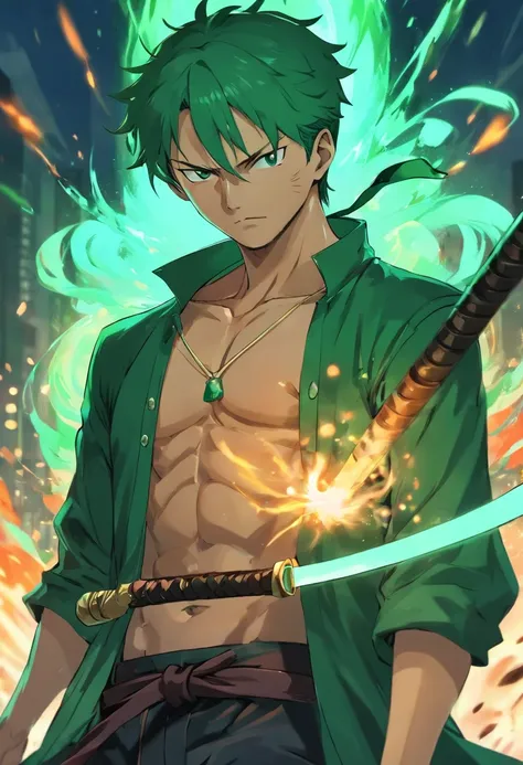 A detailed illustration of Roronoa Zoro with a dark aura, expression serious.