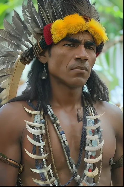 Arafed man with feathers and feathers on his head and a necklace, indigenous man, amazon indian peoples in brazil, ayahuasca shaman, usando armadura tribal, guerreiro azteca, Indigenous, wearing authentic attire, tribo antiga, aboriginal capirote, Indian w...