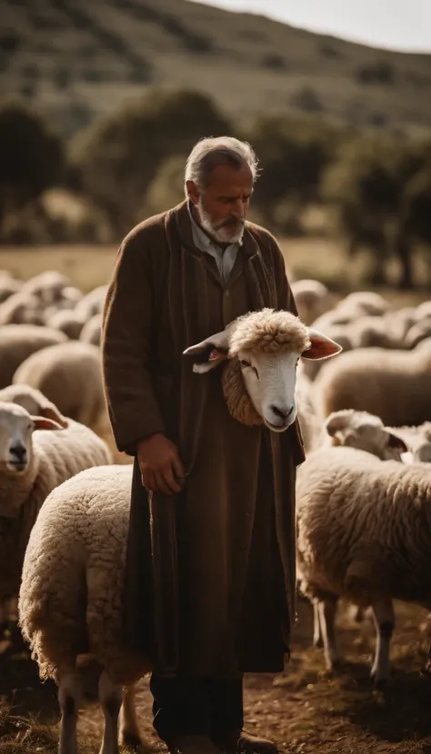 um homem , pastor de ovelhas, your sheep are in the field grazing, ele tem cem ovelhas