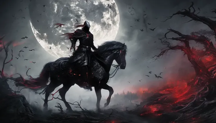 Undead Terror Knight，Riding black（Red-eyed zombie horse：1.5），The background is pitch black wilderness，There were several dried corpses hanging from a dead tree，(themoon),horror atmosphere，4K，best qualtiy，primitive，（(Ultra-detailed and high-precision detail...